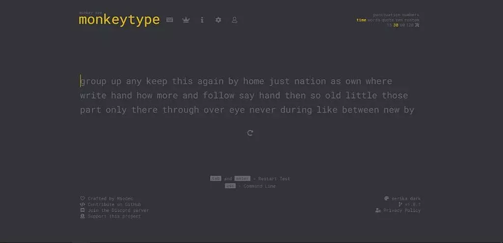 صفحه اولیه سایت monkeytype.com